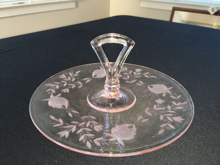 Miss America Pink Etched Depression Glass Serving Pedestal Tray