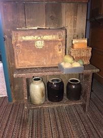 Antique Wood Bench, Crocks, Wood Case