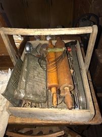Primitive Wood Box, Vintage Kitchen Tools