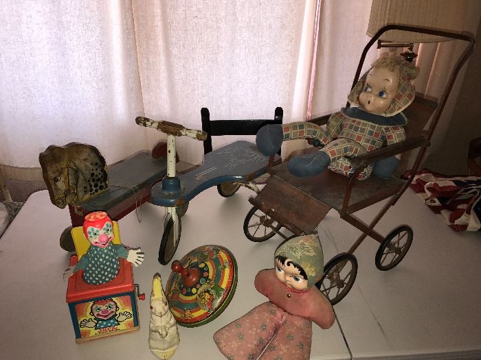 Vintage Baby Dolls & Stroller, Jack-In-the-Box, Tin Top, Wooden Child Scooters & more!