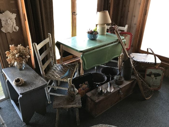 Lots of great antiques!!! Antique Green Metal & Wood Kitchen Table, Vintage Chairs, Wood Bench, Picnic Baskets, Wooden Shoe Stretchers, Wooden Tool Box, Vintage Wood Buckets, Vintage Trays, & more!
