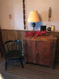 Antique/Primitive Cabinet, Vintage Captain's Chair, Vintage Lamp, & more!