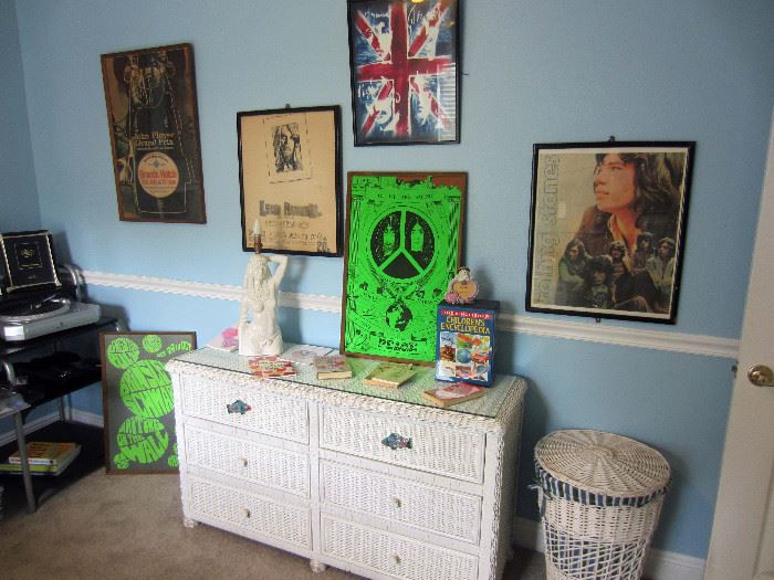 Wicker dresser base, hamper, and more rock posters