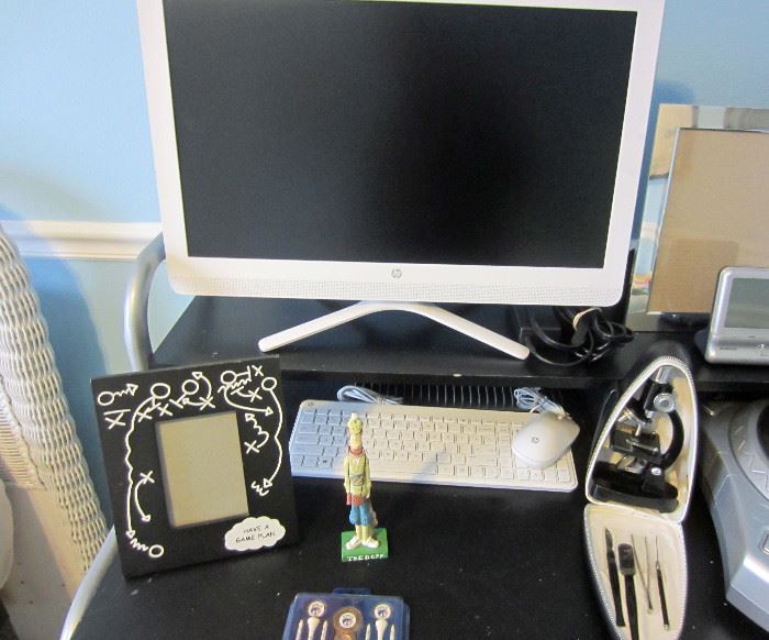 HP All-In-One computer with 24 inch monitor, and microscope in case
