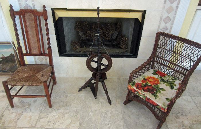 Small antique chairs and small spinning wheel