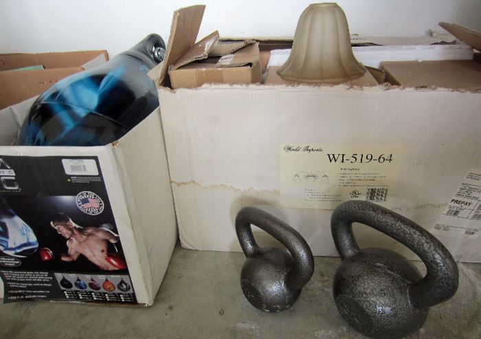 Punching bag, weights, new in box light fixtures for bathroom