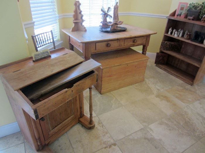 Pine Antiques:  Small desk needing repair (all part there), chest, farm table, book case