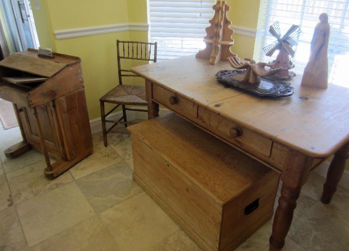Pine Antiques:  Small desk needing repair (all part there), chest, farm table, book case