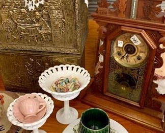 Brass kindling boxes.  Victorian clock. Milk glass compotes. 