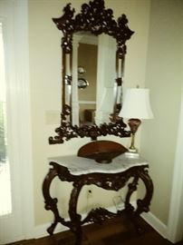 Carved wood hall table and mirror w/marble top