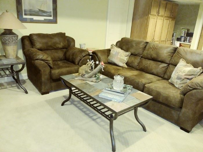 suede leather sofa, chair, stone top tables