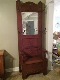Vintage Oak Hall Tree with "Lift" Seat for sitting and storage...4 metal hat/coat hooks and umbrella holder on side....one of our TREASURED pieces we are selling!!!!!!!