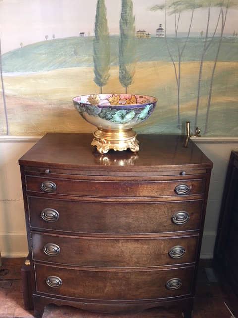Bow front chest with butler slide. Beautiful Limoges two piece hand painted punch bowl.