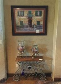 Framed Italian Scene Artwork-Graduated Glass and Iron Vases-Wood and Iron Wine Table
