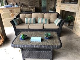 Wicker pool couch-marble top wicker coffee table