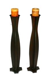 TALL DARK WOOD FLOOR CANDLE HOLDER PAIRv