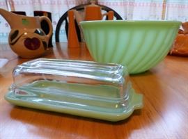 Vintage RARE Jadeite Covered Butter Dish, Fire King Jadeite Swirl Mixing Bowl