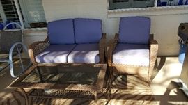 wicker patio set with beveled glass coffee table