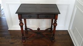 Theodore Alexander  Castle Bromwich accent table. William and Mary, mahogany. With etched brass panels on top and front of drawers.