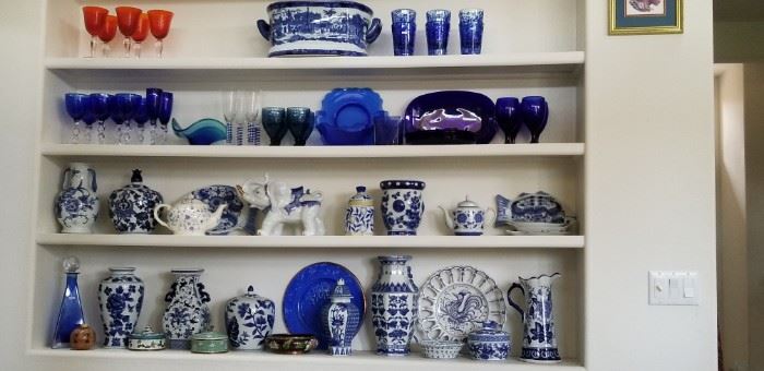 Assorted blue and white asian motif porcelain and cobalt blue glass