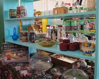 cake dome, steins, kitchen items