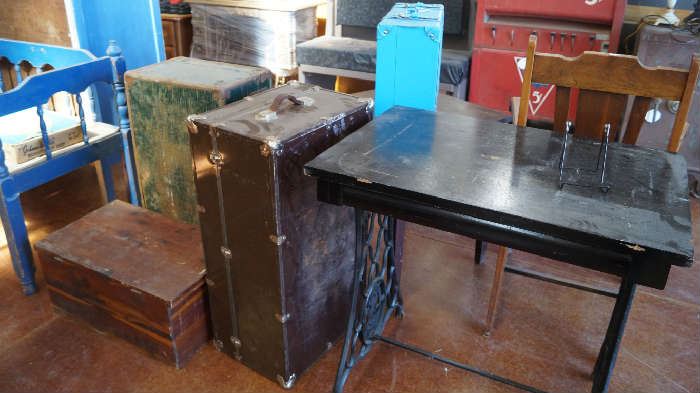 table, trunks, wood box