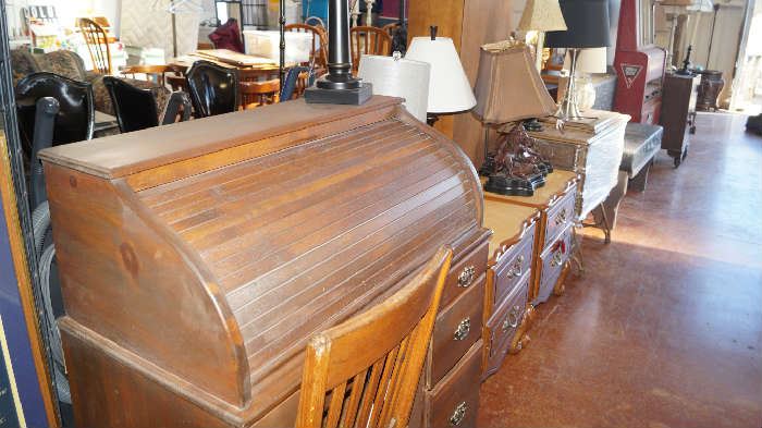 roll top desk, lamps
