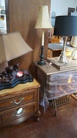 night stands, lamps, treadle machine cabinet