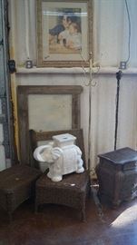 chalk boards, wicker pieces, plant stand