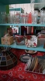 Stain glass lamp shade, Coke glasses, plates