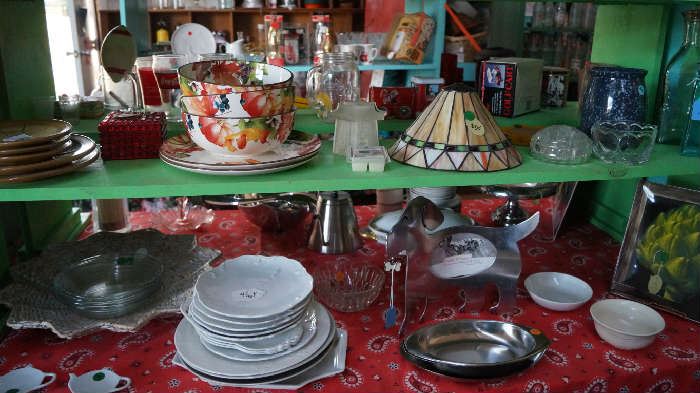 dishes, stain glass lamp shade,