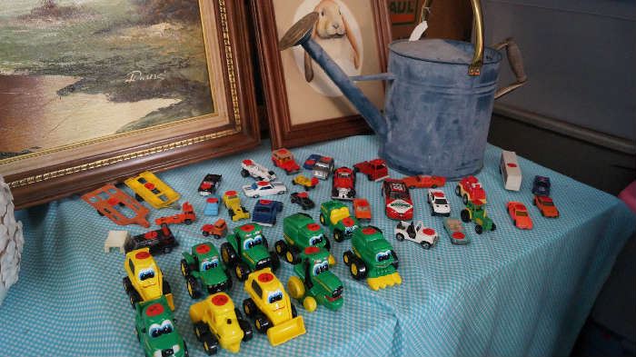 John Deere baby tractors, hot wheels, match box and other miniature cars