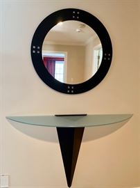 30. Black Framed Mirror (30" round)                                             31. Frosted Glass Contemporary Wall Mounted Console Table (50" x 12" x 31")