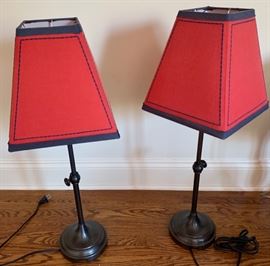 36. Pair of Adjustable Height Bronze Metal Table Lamps w/ Red Shade (27")