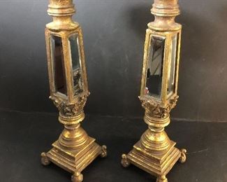 Pair of Lovely Mirror and gold candle sticks with swan feet