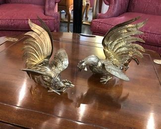 Pair of Brass Fighting roosters