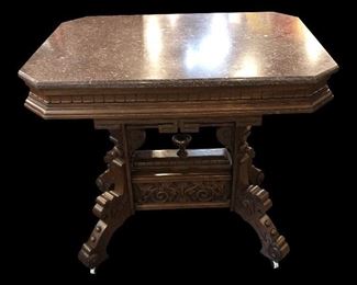 Marble top wood carved late 1800s side table