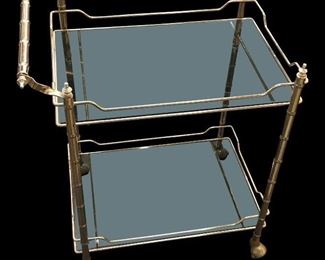 Mad Men Mid-Century Modern Faux Bamboo Chrome Bar Cart With Smokey Glass on wheels! 27ʺW × 17ʺD × 30.5ʺH