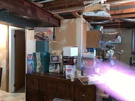 vintage Unopened electrical items and beautiful vintage sold wood buffet stand