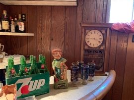 Vintage bar items. 7up bottles, bear glasses and vintage Jameson   clock  