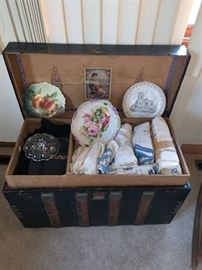 1885 mourning trunk full of clothes, plates and blankets from 1885-89.