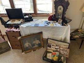 Two suitcases and vintage clock, items from the 1800's. 