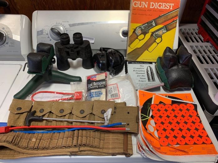 # 117 Targets, Reloading Book, gun digest from 1970, binoculars , earmuffs, shooting rest, and more Targets, Reloading Book, gun digest from 1970, binoculars , earmuffs, shooting rest, and more
