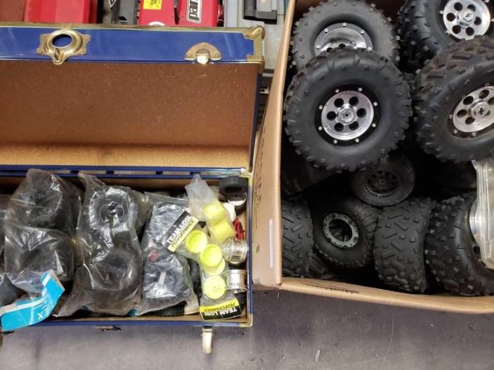 # 232 Box and Chest Full of New and Used RC Wheels and Tires Metal and plastic wheels