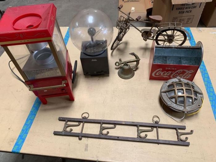 # 277 Coca Cola six pack rack, brass underwater light, popcorn machine, small popcorn machine and more Coca Cola six pack rack, brass underwater light, popcorn machine, small popcorn machine and more
