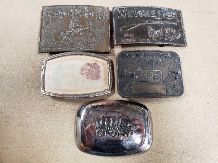 # 282 5 Vintage Belt Buckles, Anheuser Busch, Winchester, amd Others 5 Vintage Belt Buckles, Anheuser Busch, Winchester, amd Others