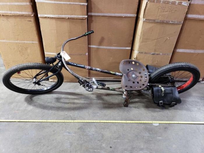 # 501 8 Foot Custom Cruiser Bagger Bike with Vintage Tractor Seat 8 Foot Custom Cruiser Bagger Bike with Vintage Tractor Seat