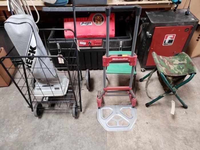 #527: Oreck XL Vacuume, Milwaukee Dolly, 2 Padded Folding Chairs, 2 Foot tall x 1 Foot Wide Metal Cabinet with Wheels, Heavy Duty Locking Tuff-Bin,bPlastic Tote,
Oreck XL Vacuume, Milwaukee Dolly, 2 Padded Folding Chairs, 2 Foot tall x 1 Foot Wide Metal Cabinet with Wheels, Heavy Duty Locking Tuff-Bin,bPlastic Tote