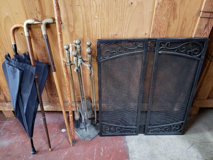 604 Bronze Fireplace Tools, Fireplace Screen, Wooden Canes Bronze Fireplace Tools, Fireplace Screen, Wooden Canes