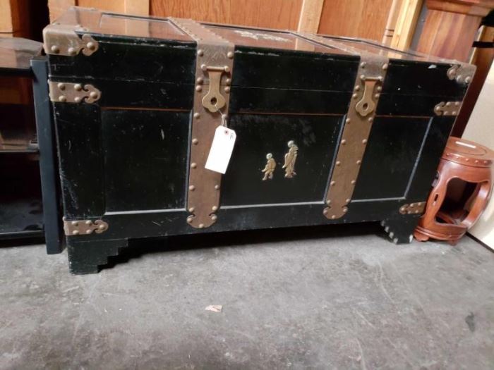 #703: Large Asian cedar Vintage Trunk
Measures 27" tall 48" long and 24" deep